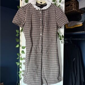 MAJE Plaid White Lace Collar Brown Dress Wool Cotton NWOT size 40